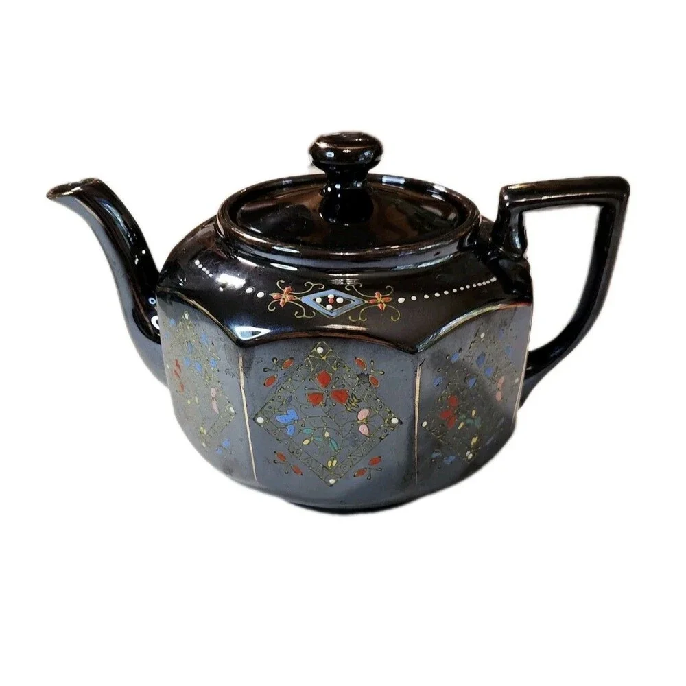 Vintage Japanese Teapot Brown Glazed Gold Trim Hand Painted 8 Sided Ceramic